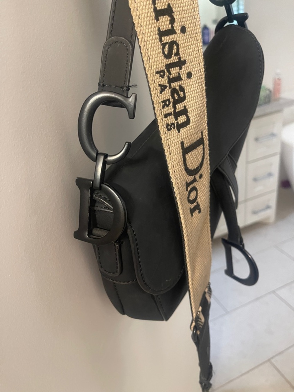 Black Saddle Shoulder Bag with Signature D Charm - Picture 3 of 4